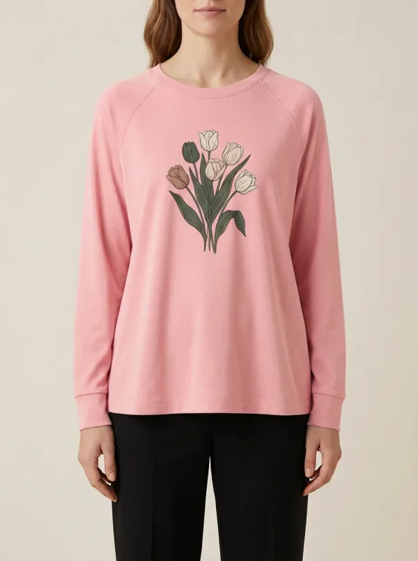 Women's Tulip Floral Graphic Raglan Long-Sleeve Top