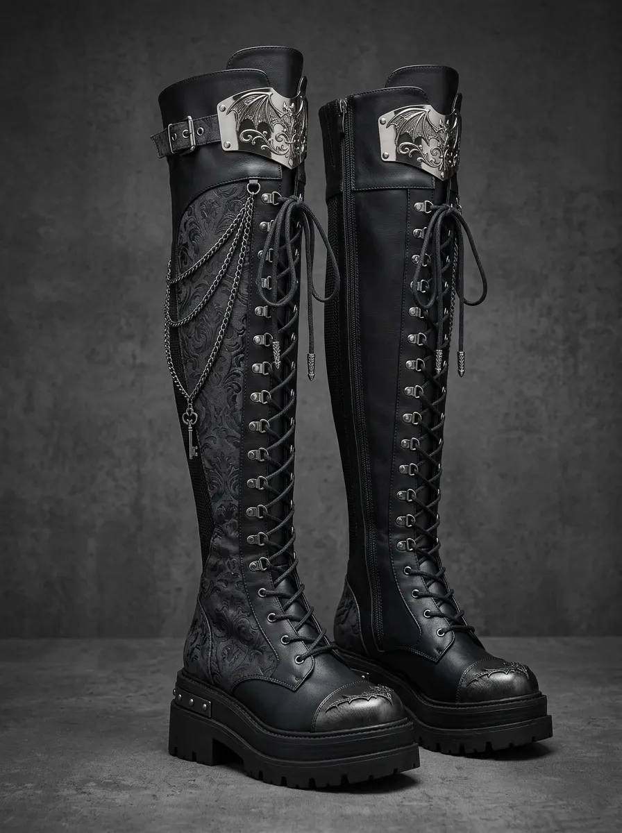 Heritage Bat Wing Damask Punk Look Women's Gothic Platform Knee High Boots