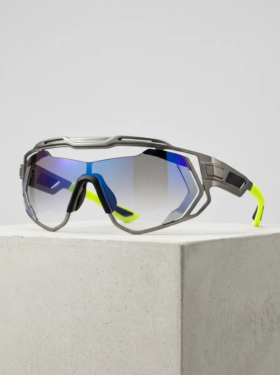 Men's Cycling Sport Neon Yellow Frame Mirrored Lens Sunglasses