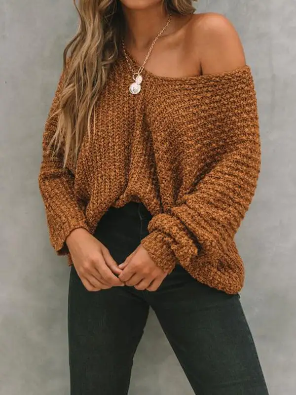 V-Neck Long Sleeve Relaxed Fit Pullover Sweater