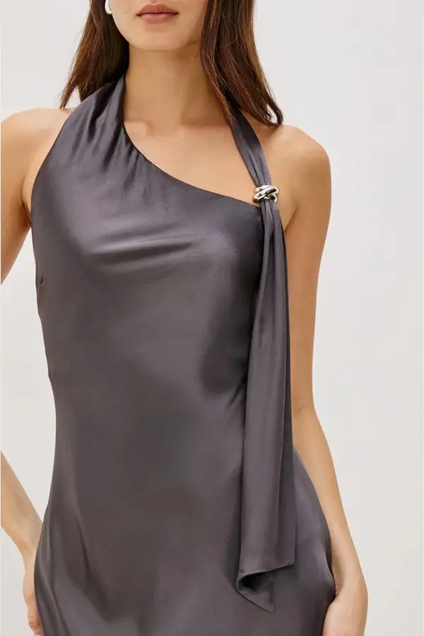 Charcoal Satin Halter Neck Maxi Dress