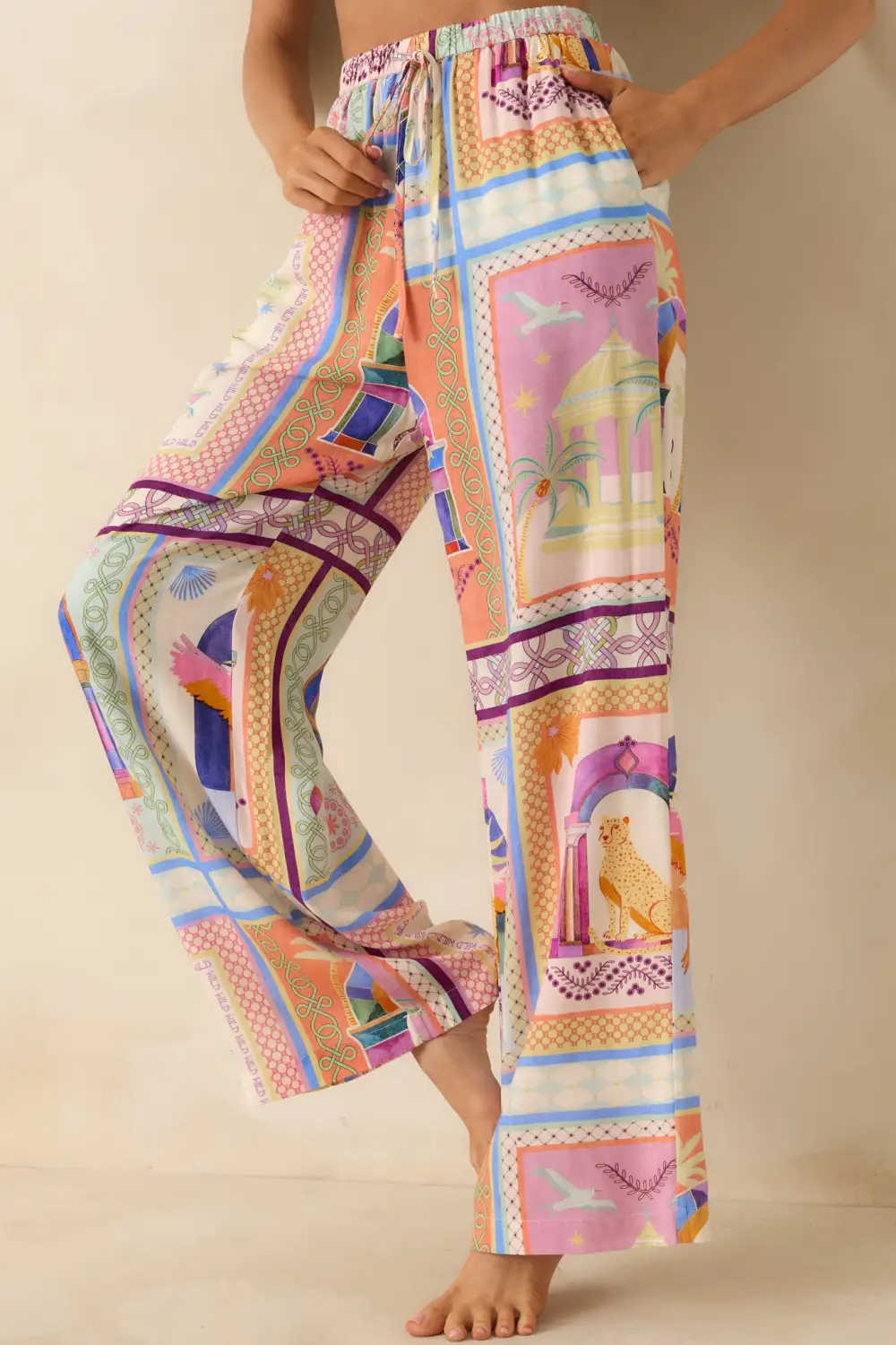 Elysia Multi Tropical Tile Print Drawstring Pants