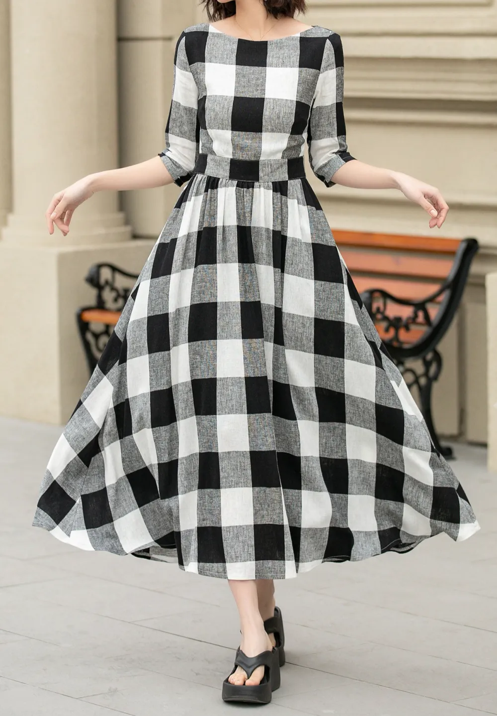 Plaid Linen Cotton Fit And Flare Boat Neck Midi Dress