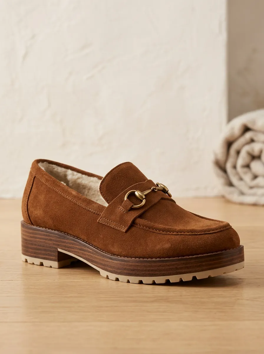 Women's Rugged Faux Fur Lined Metal Detail Platform Suede Wood Sole Loafers