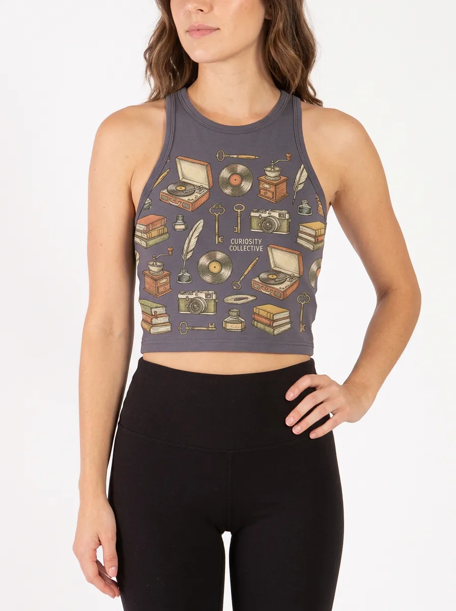 Women's Vintage Hobbyist Curiosity Collective Graphic Ribbed Crop Tank Top