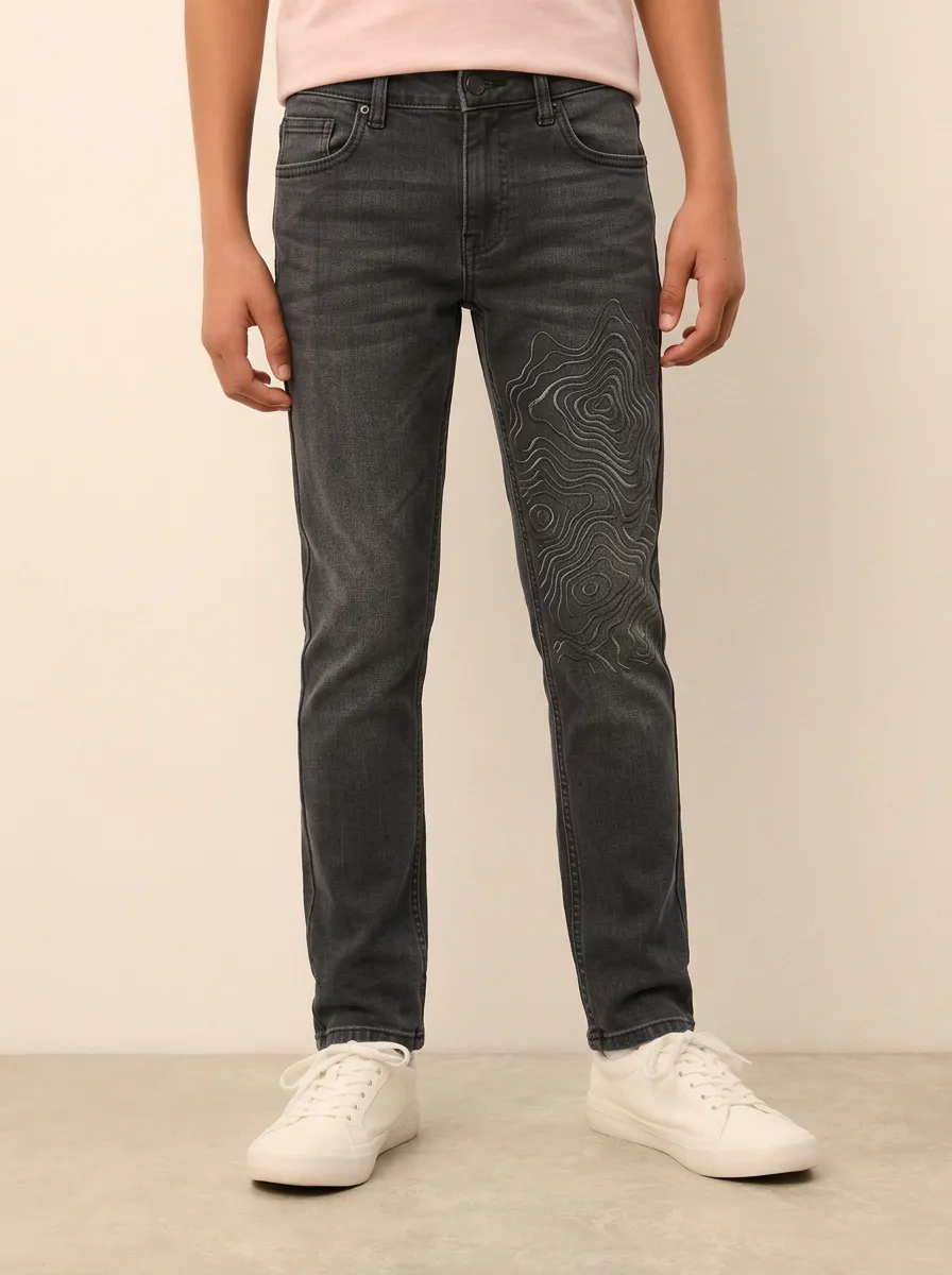 Men's Charcoal Grey Topographic Embroidered Slim Jeans