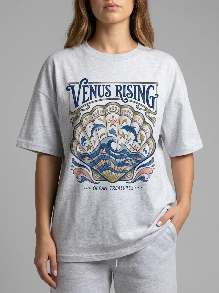 Women's Venus Rising Ocean Seashell Dolphin Graphic T-Shirt