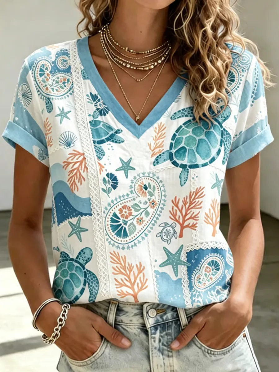 Women'S Cotton And Hemp Turtle Holiday Printed T-Shirt