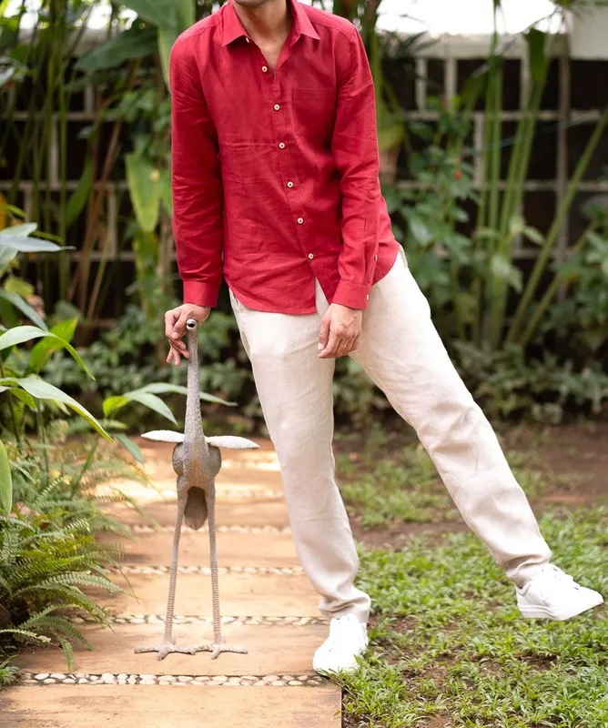Red Linen Button-Up Shirt