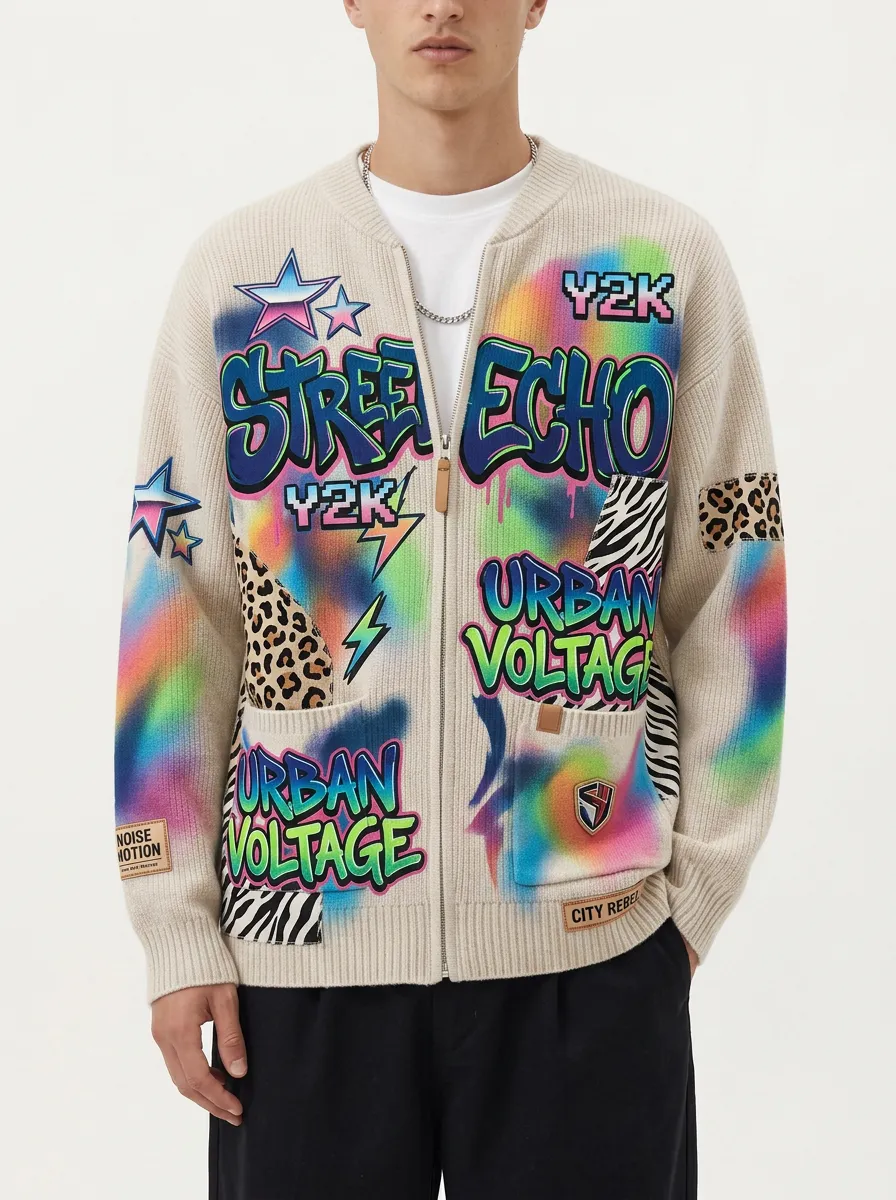 Men's Y2K Streetwear Graffiti Animal Print Knitted Zip-up Cardigan