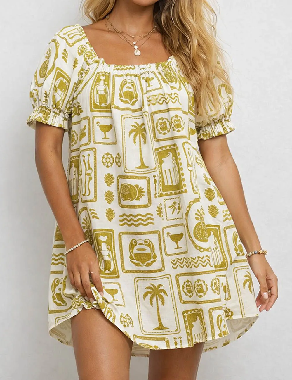 Boho Tropical Off Shoulder Babydoll Mini Dress
