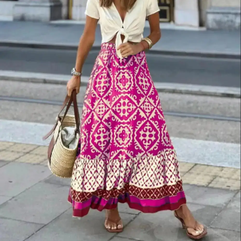  Boho Geometric Print Tiered Maxi Skirt