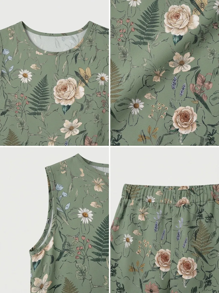 Women's Botanical Floral Fern Printed Sleeveless Short Set
