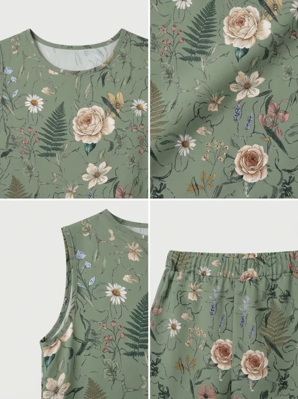 Women's Botanical Floral Fern Printed Sleeveless Short Set