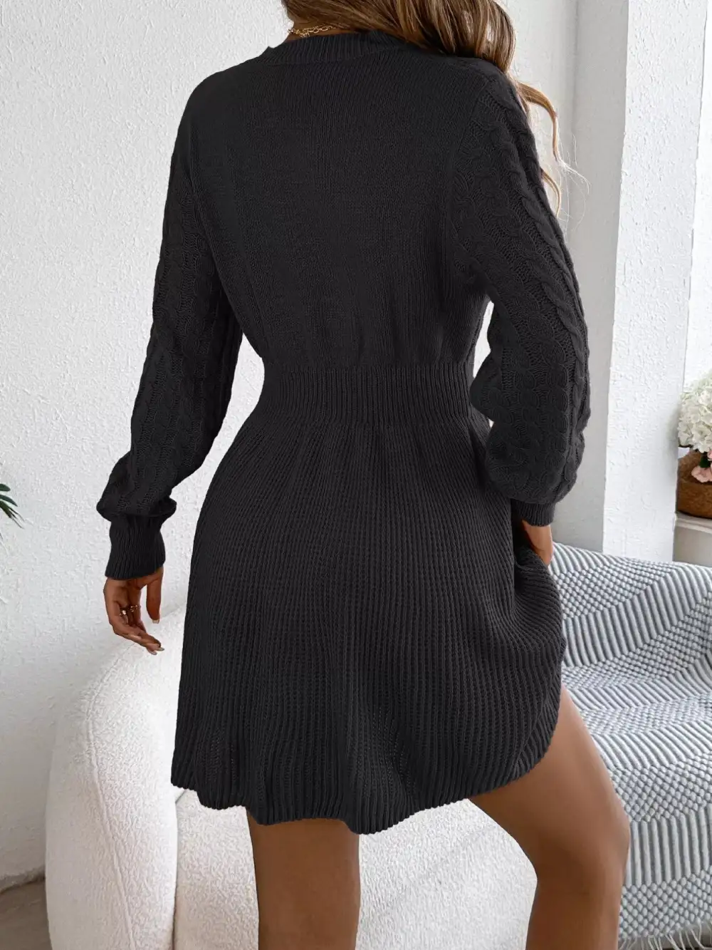 Gathered Detail Knit Long Sleeve Sweater Dress