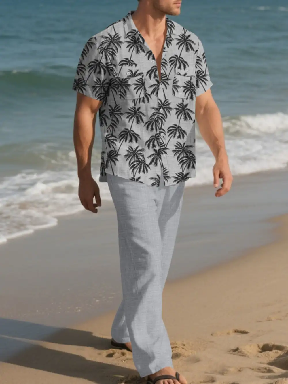 Men's Full Size Tropical Palm Print Button Up