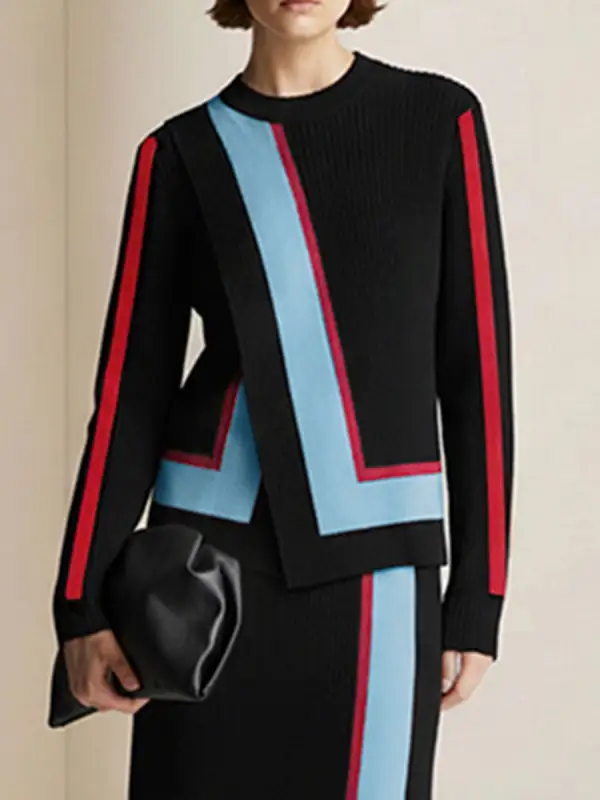 Abstract Print Printed Ribbed Asymmetric Paneled Sweater