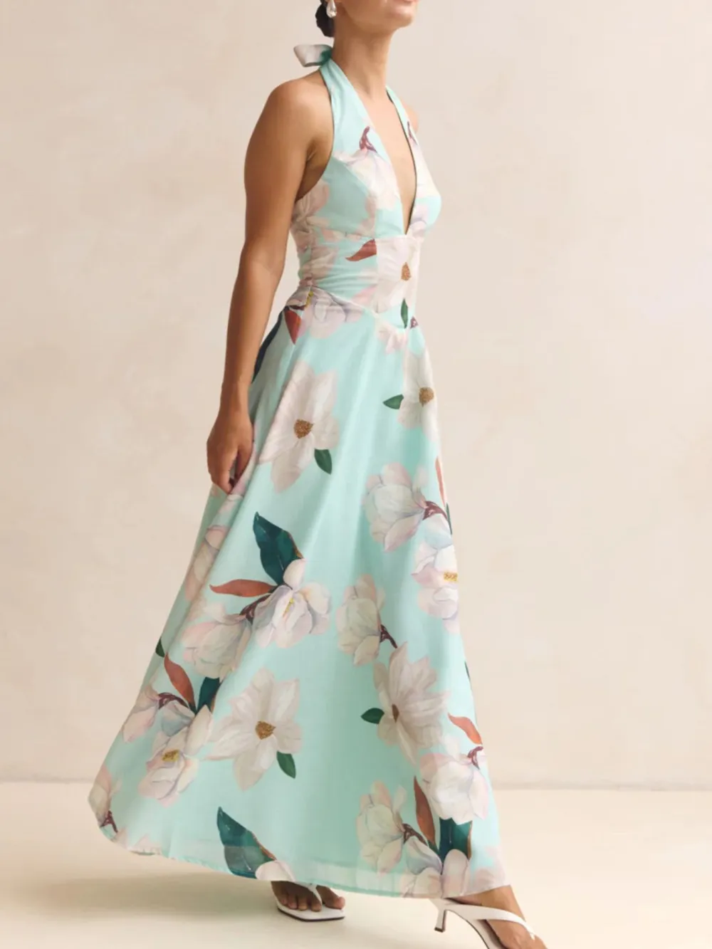 Casual Floral Print Halter Neck Maxi Dress
