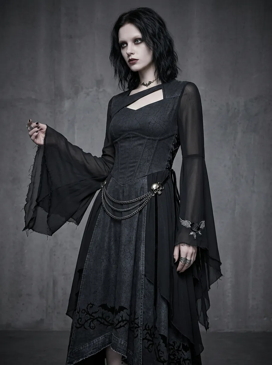 Women's Gothic Skull Rose Bat Printed Flare Sleeve Top