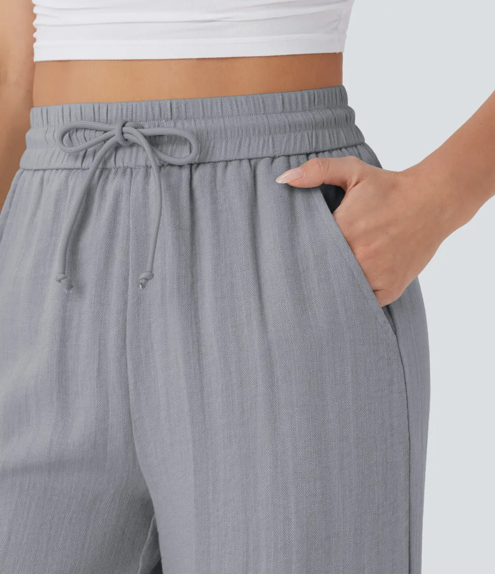 2026🔥  High Waisted Drawstring Pocket Wide Leg Casual Linen-Feel Pants