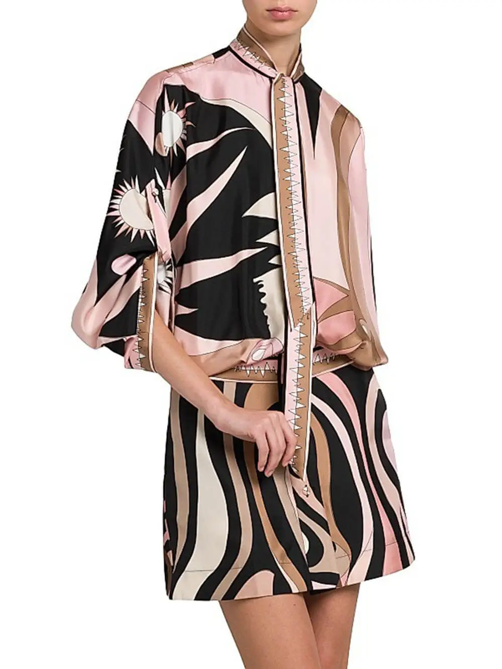 Unique Printed Batwing Sleeve Button Mini Dress