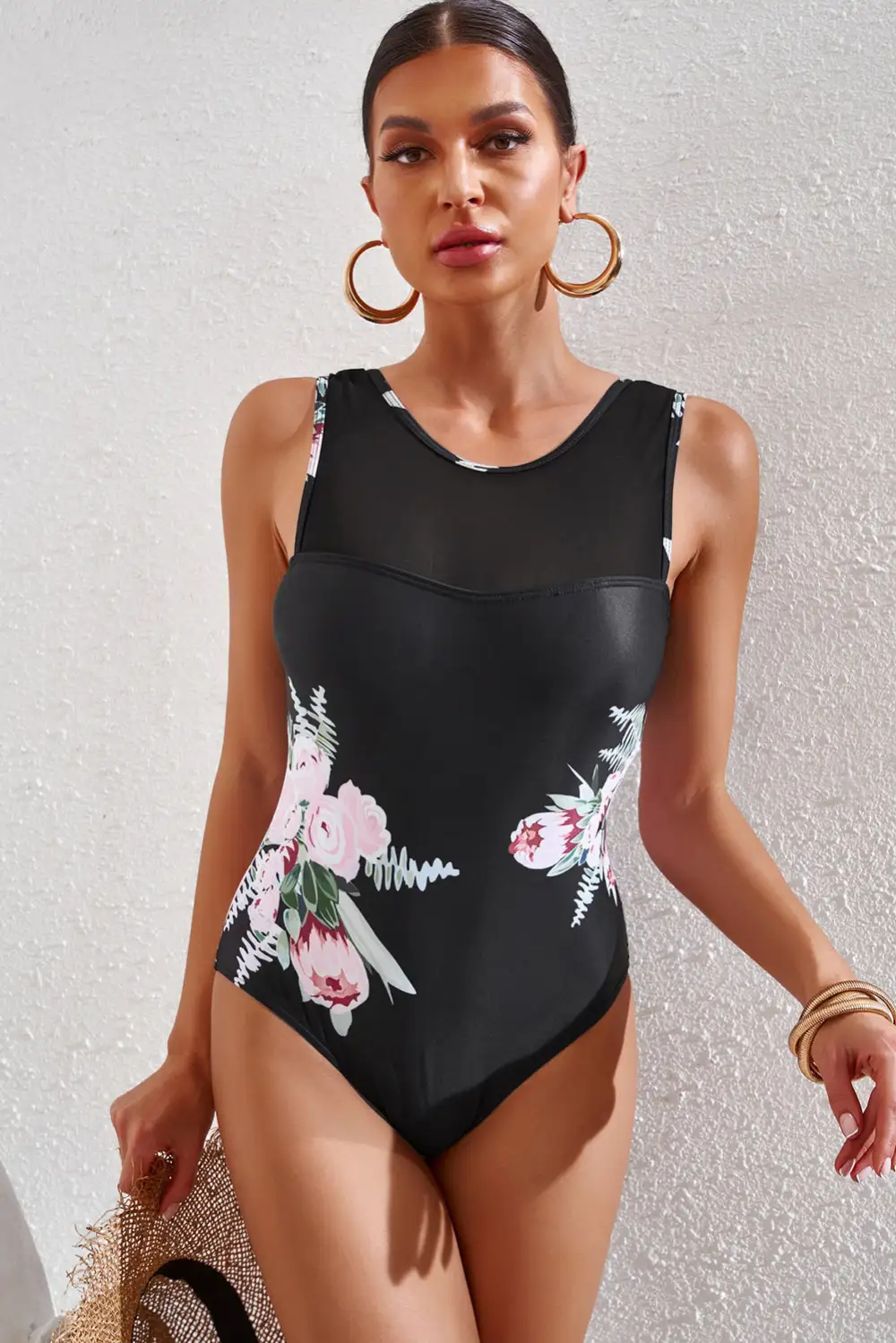 Floral Mesh Ladder Hollow-out Back One Piece Swimwear