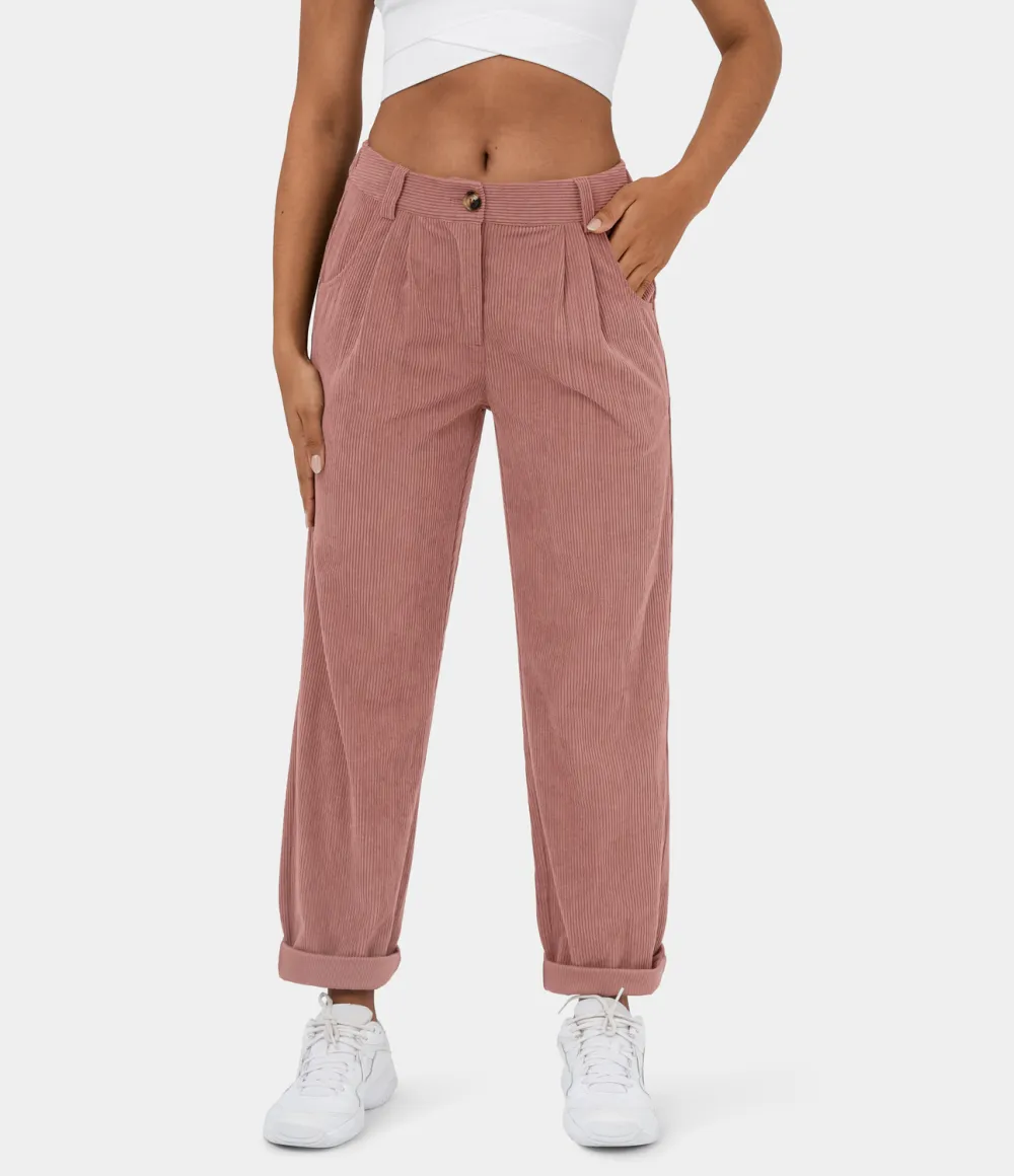 Mid Rise Button Zipper Side Pocket Corduroy Casual Pants