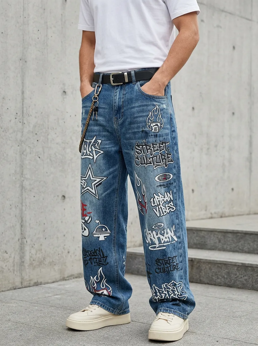 Unisex Streetwear Graffiti Star Flame Jeans