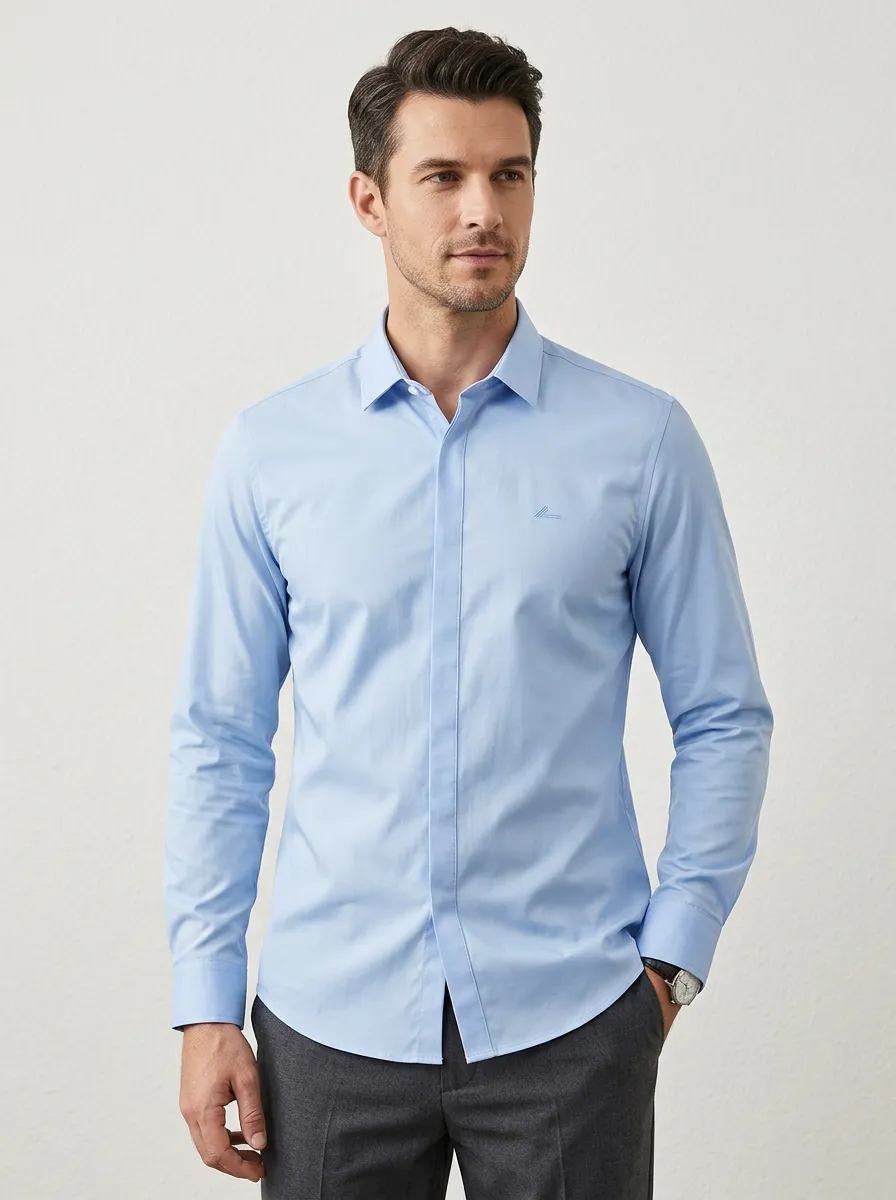 Men's Non-Iron Cotton Light Blue Embroidered Logo Long Sleeve Shirt