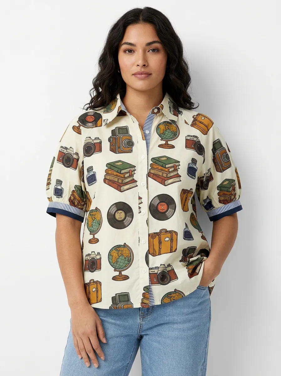 Women's Vintage Travel Hobby Camera Globe Book Graphic Shirt