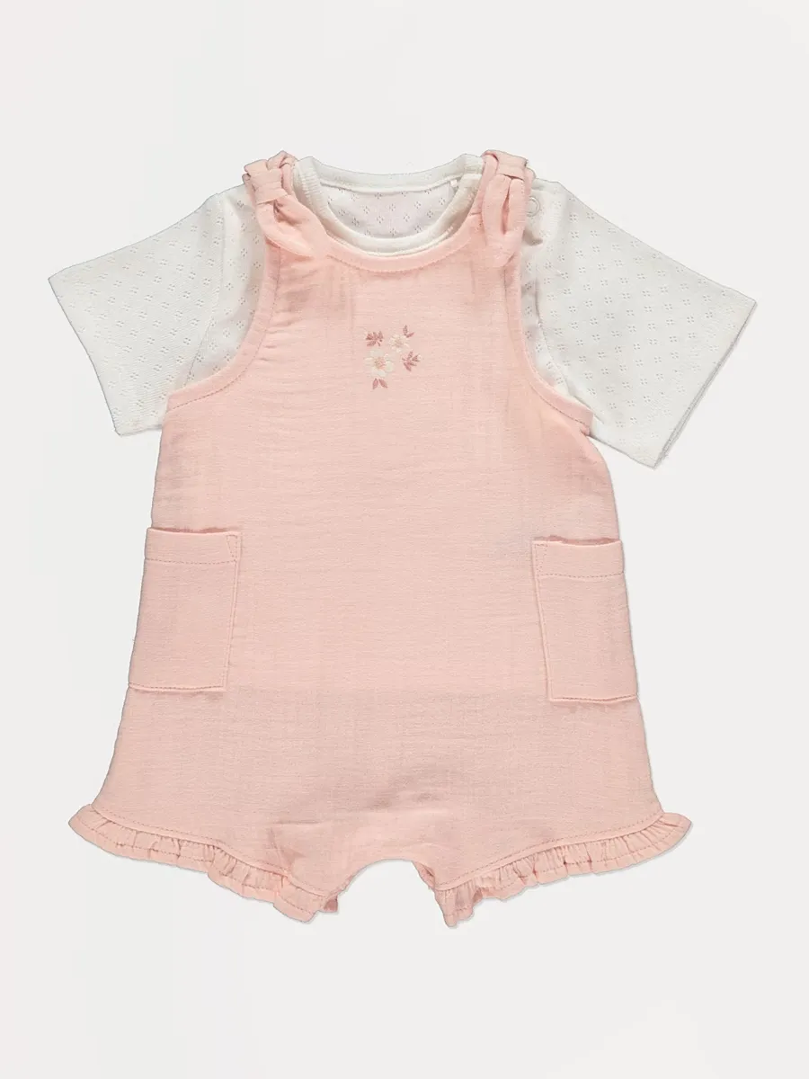 Pink Woven Romper with Pointelle T-Shirt Outfit