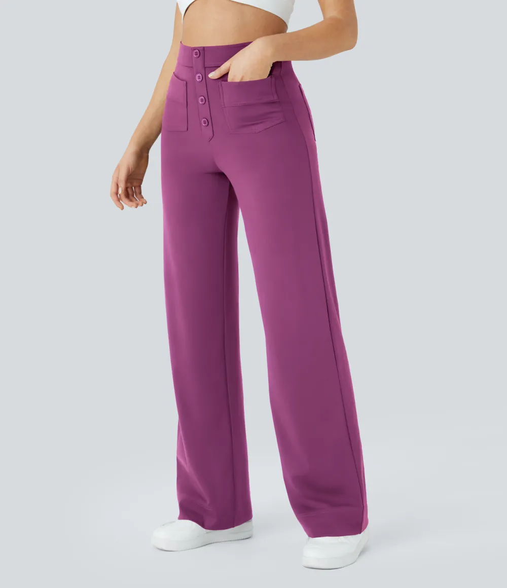 High Waisted Button Multiple Pockets Straight Leg Casual Pants