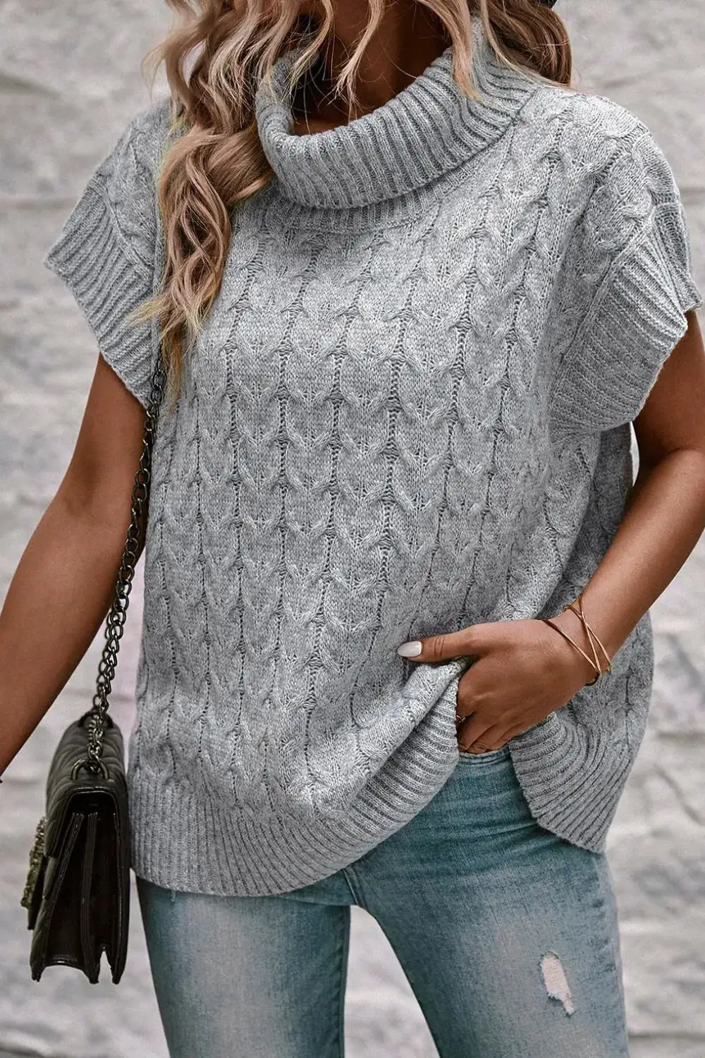Short Sleeve Turtleneck Cable Knit Sweater