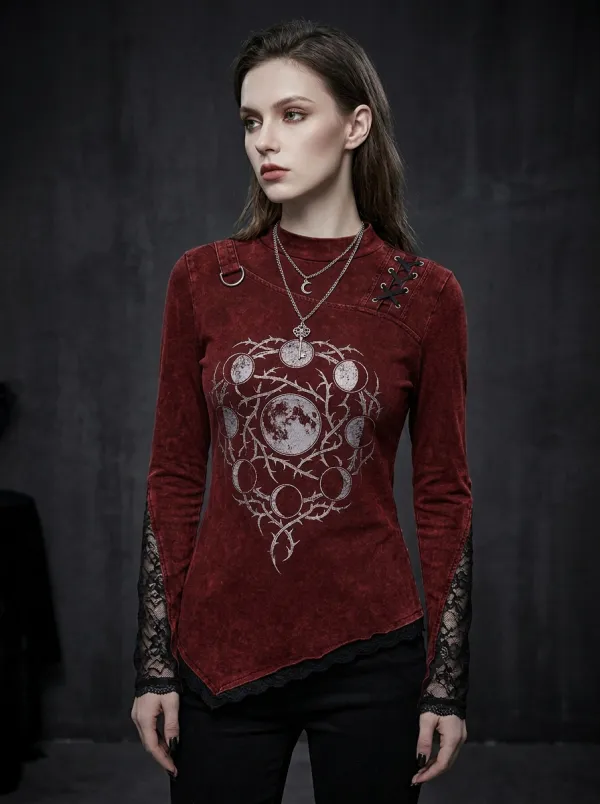 Moonlit Moon Phase Moon Thorn Detail Women's Gothic T-Shirt
