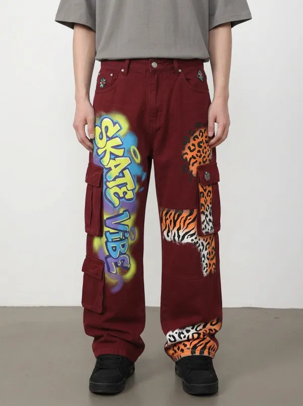 Men's Skate Vibe Graffiti Animal Print Graphic Cargo Jeans