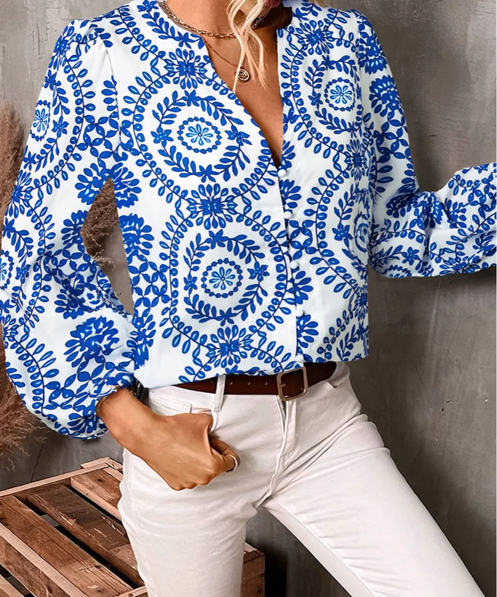 Floral Geometric Print V-Neck Shirt Blouse