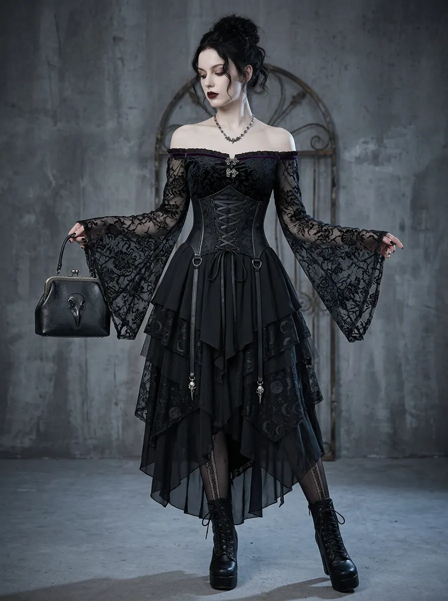 Victorian-Inspired Moon Corset Lace Detail Women's Gothic Dress