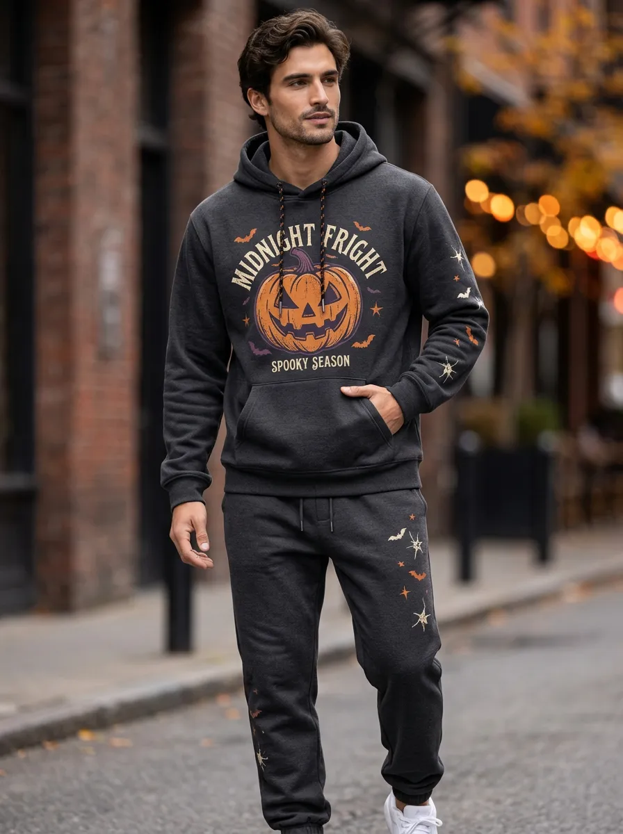 Men's Halloween Charcoal Midnight Fright Pumpkin Kangaroo-Pocket Hoodie Jogger Set