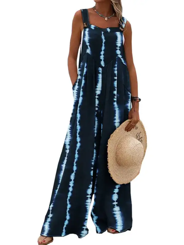 Printed Sleeveless Spaghetti Strap Jumpsuit Wide Accessory