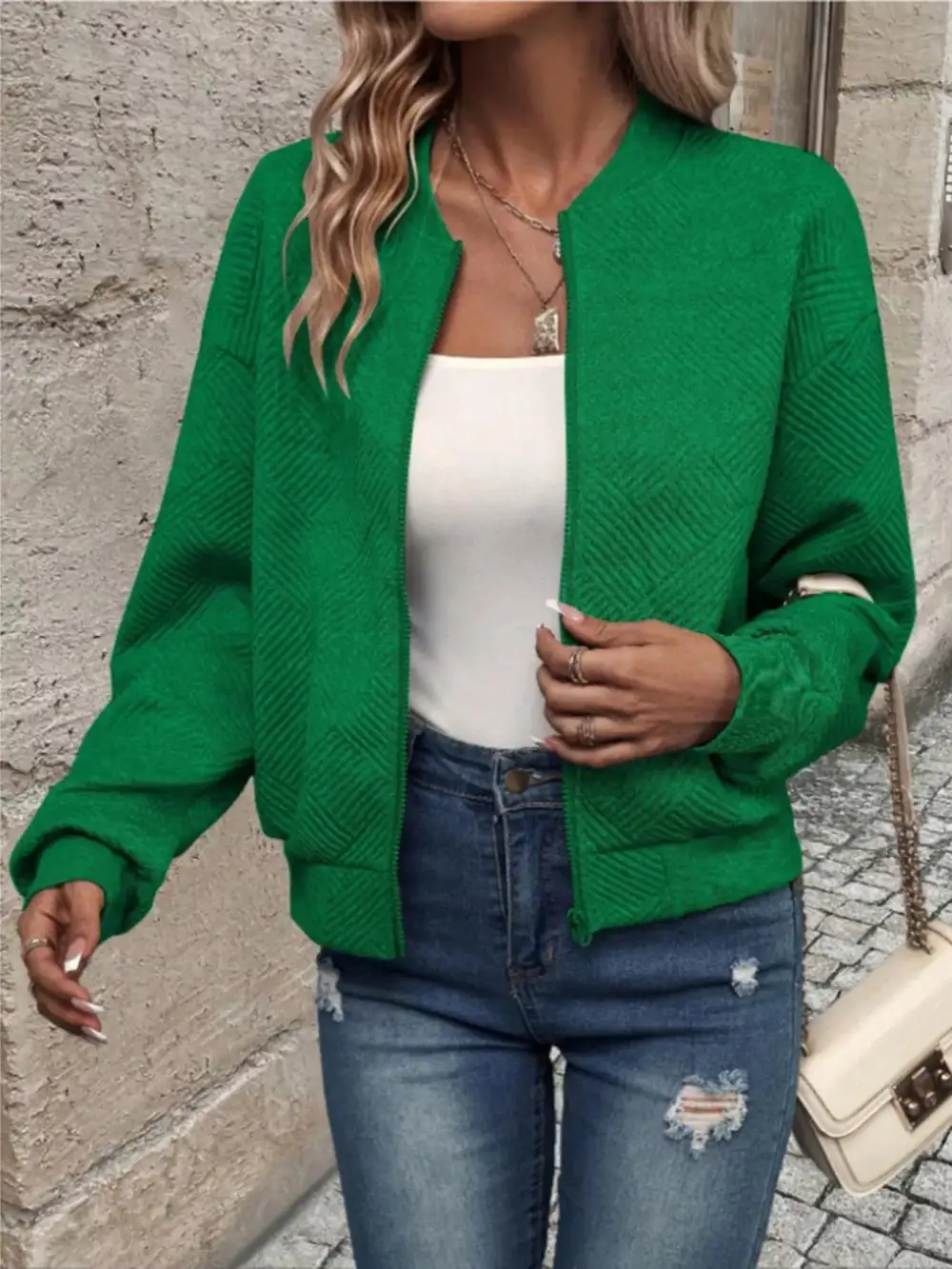 Textured Knit Zip-up Bomber Jacket