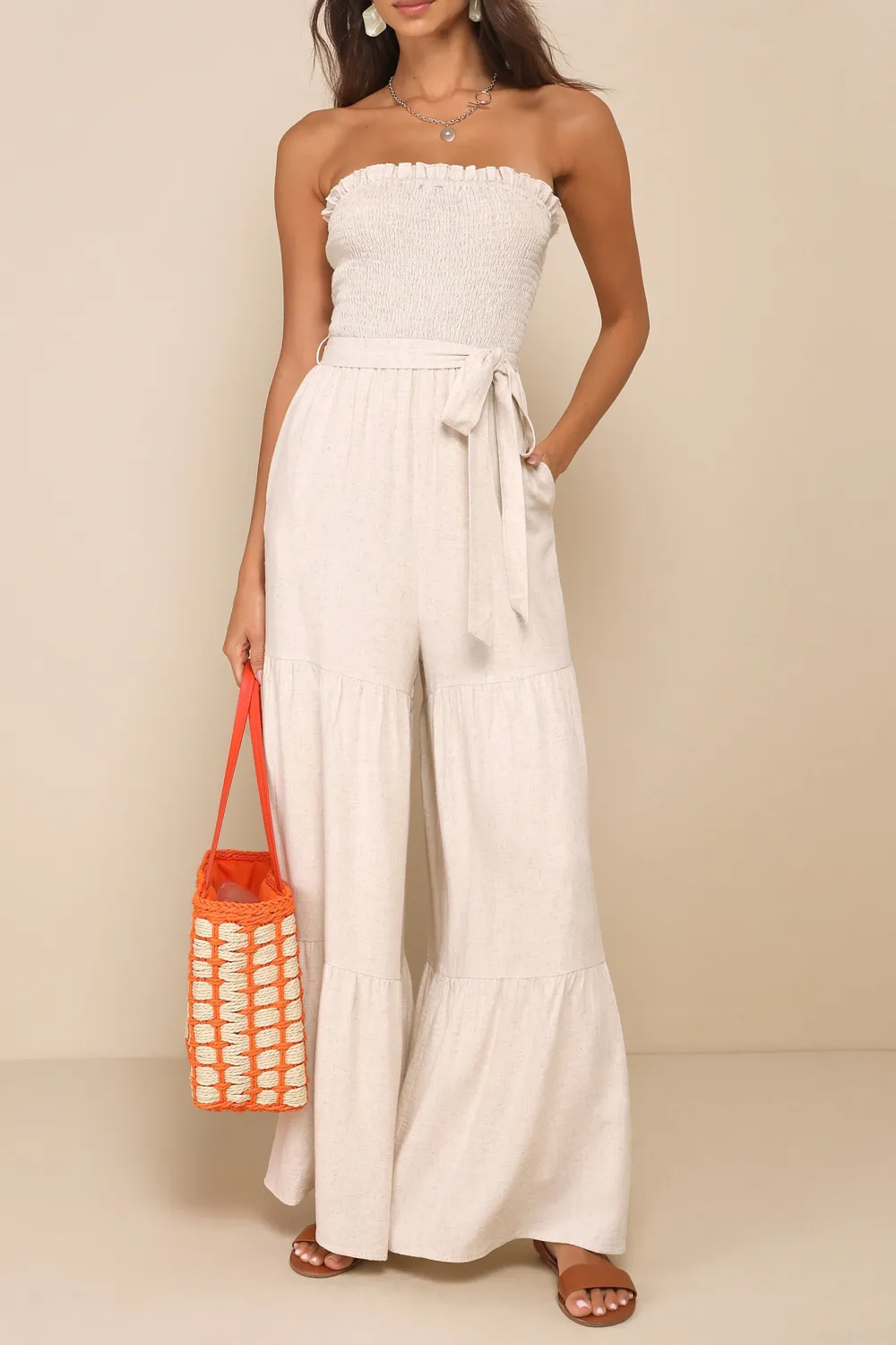 Casual Style Linen Strapless Jumpsuit