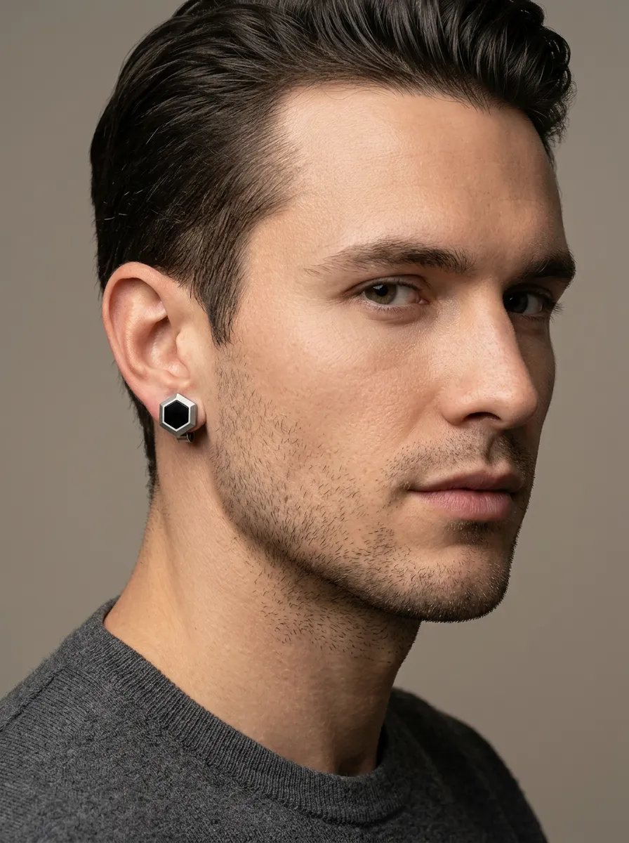 Men's Geometric Hexagon Inlay Stud Earrings