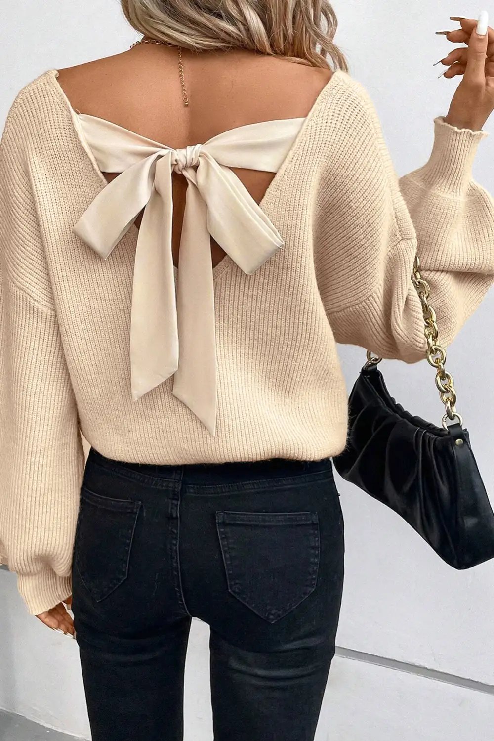 Lantern Sleeve V Neck Knot Detail Sweater