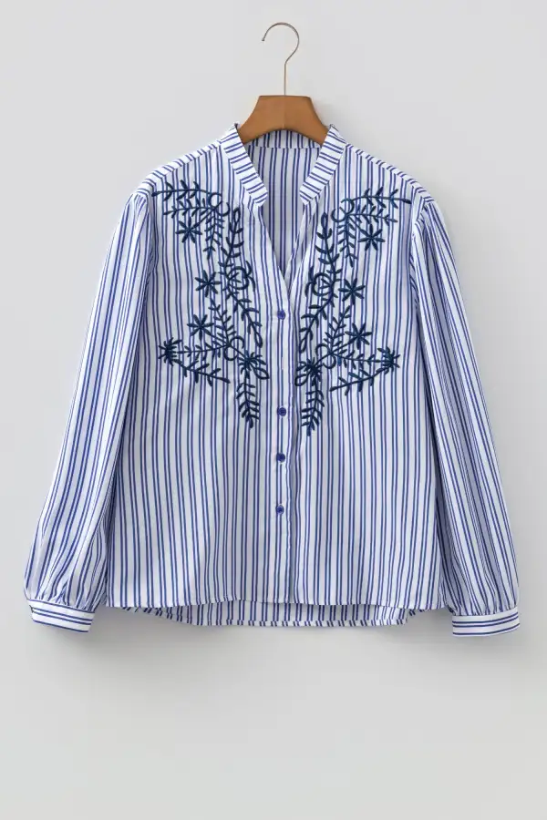 Women's Striped Embroidered Long Sleeve Blouse
