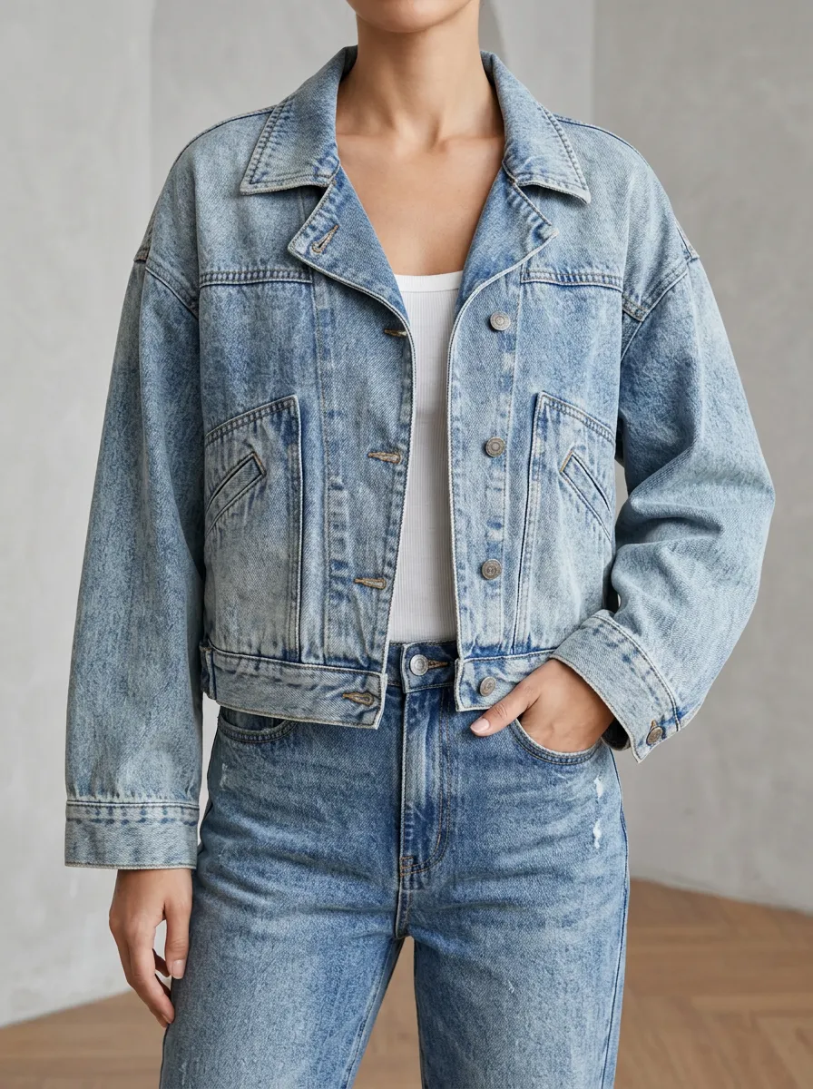 Women's Denim Layering Jacket with High Neck Short Sleeve Detail