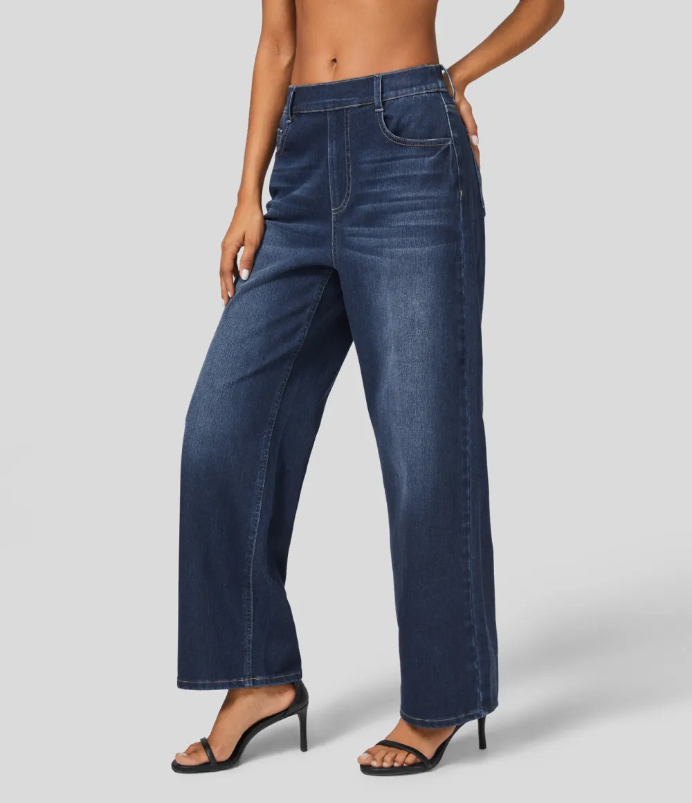 Magic High Waisted Multiple Pockets Washed Stretchy Knit Casual Boyfriend Jeans