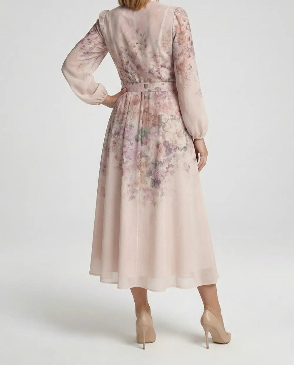 Women's A-Line Satin Floral Belted Midi Dress