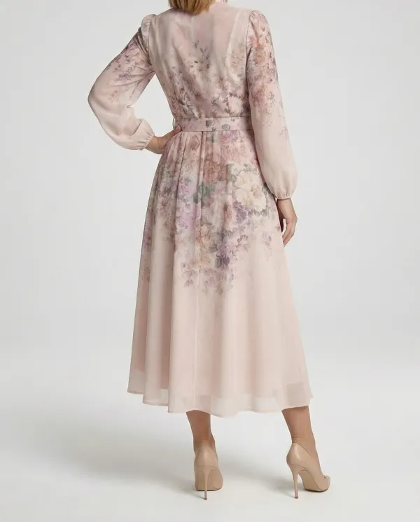 Women's A-Line Satin Floral Belted Midi Dress