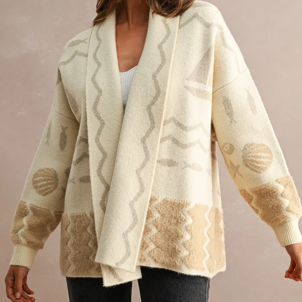 Open Front Ribbed Oversized Seashell Detail Cardigan