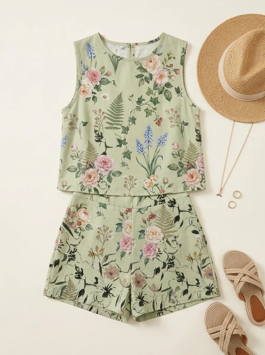 Women's Botanical Garden Floral Printed Sleeveless Set